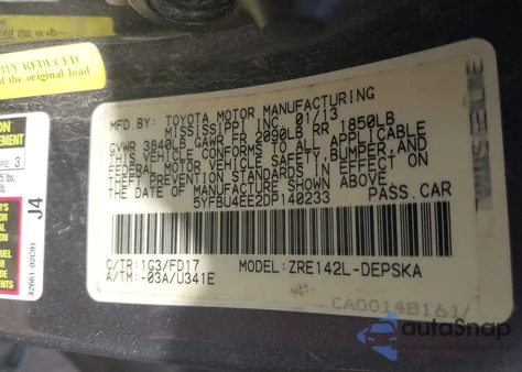 2013 Toyota Corolla S z USA, uszkodzony, nr VIN 5YFBU4EE2DP140233